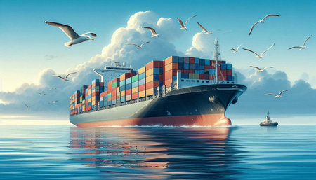 Cargo ship in the sea with seagulls flying around
