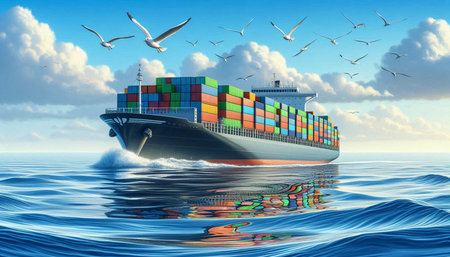 Cargo ship in the sea with seagulls flying around
