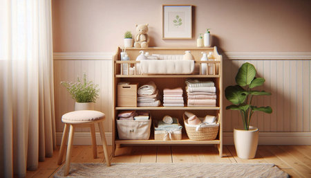 Bathroom interior with wooden shelves and accessories. 3d rendering