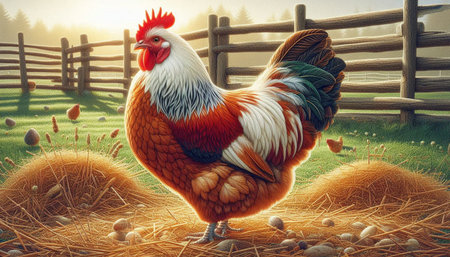 Colorful rooster in the meadow. 3D illustration.の写真素材