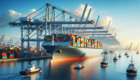 Container Cargo freight ship with working crane bridge in shipyard for Logistic Import Export...