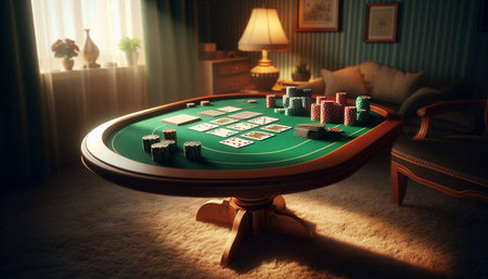Casino table with chips and cards. 3d render illustration.
