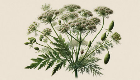 Illustration of a dill plant with flowers and buds, on a white background