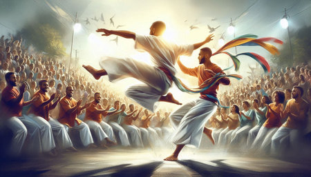 Karate fighters fighting in the street. Illustration of martial arts