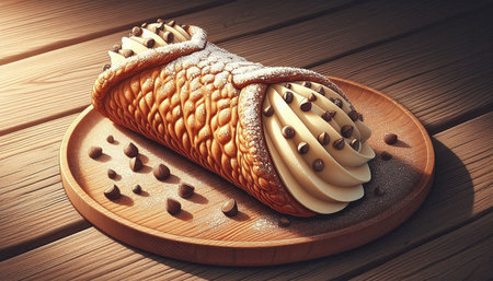 Cake with cream and chocolate on a wooden background. 3d illustration