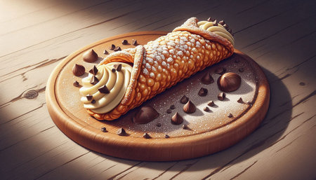 Pancakes with cream and chocolate on a wooden board. Toned.
