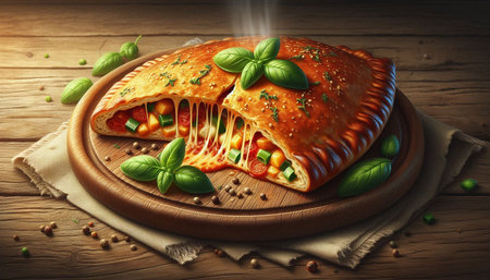 Pizza with corn and tomato on a wooden board with basil leaves