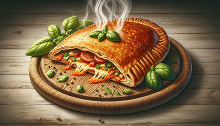 Piece of homemade pie with tomato and basil on wooden background.