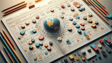 Close up of pencils and notebook with globe. Global business concept