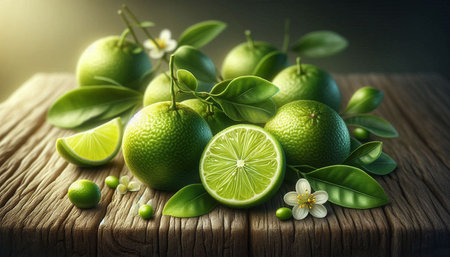 Green limes with leaves and flowers on old wooden table background.