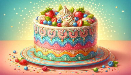 Birthday cake with berries and cream on colorful background, 3d illustrationの写真素材
