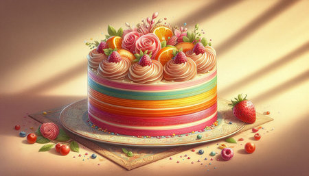 Birthday cake with cream and fruits, 3d illustration, toned