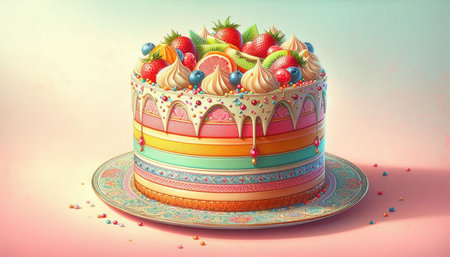 Birthday cake with fruits and cream on a pink background. 3d illustration