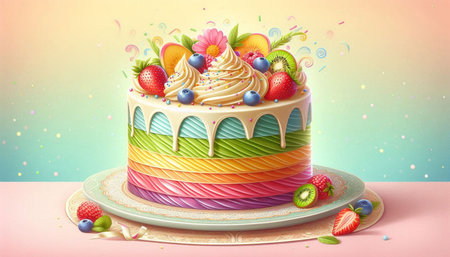 Rainbow cake decorated with fruits and berries, 3D illustration.