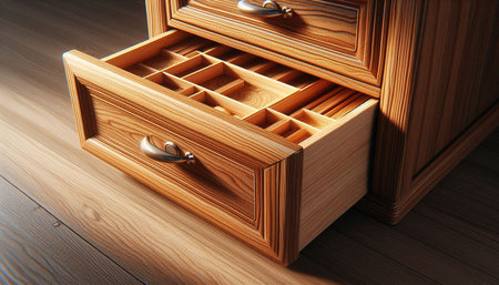 Wooden chest of drawers on wooden floor, close-upの写真素材