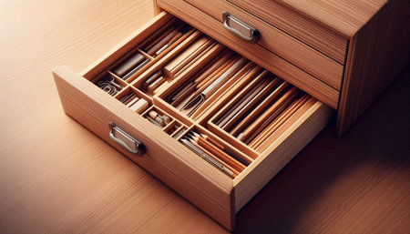 Wooden drawers with pencils in the cabinet. Close upの写真素材