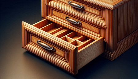 Wooden chest of drawers on dark background. 3d illustrationの写真素材