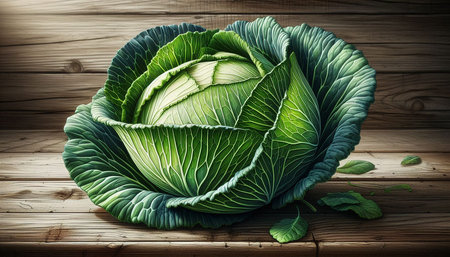 Cabbage on wooden background. Vintage style toned picture with copy spaceの写真素材
