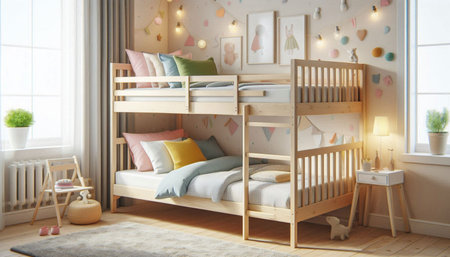 3d rendering children's room with wooden bunk bed with pillows