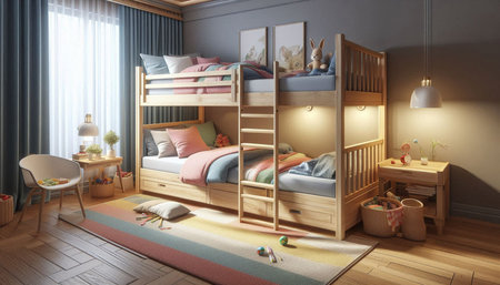 3d render of children's room interior with wooden bunk bed.