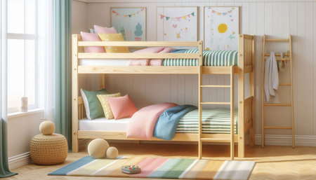 3d render of children's room with wooden bunk beds and toys