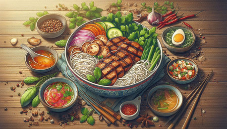 Ramen noodle soup with beef, vegetables and herbs on wooden background