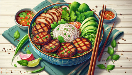 Bowl of noodle soup with grilled meatballs and vegetables on white wooden table