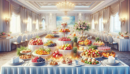 Dessert table with assorted fruit and cakes. 3d rendering.