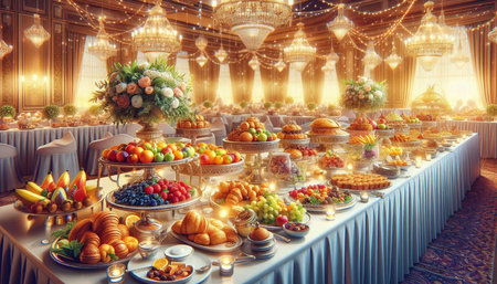 Catering wedding buffet with fruits and croissants. 3d rendering