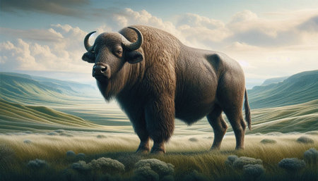Bison in the steppe. 3D illustration. Vintage style.の写真素材