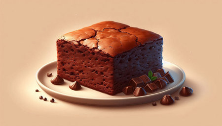 Chocolate cake with chocolate pieces on a plate, 3d render