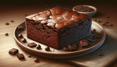 Chocolate cake with chocolate chips on a plate. 3d illustration