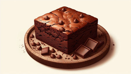 Chocolate brownie with chocolate pieces on a round wooden board.