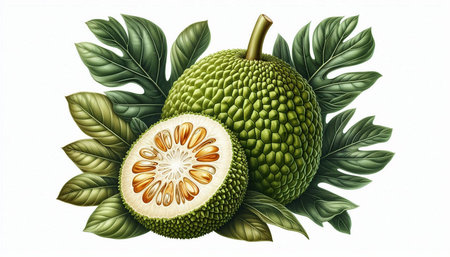 Jackfruit with green leaves isolated on white background. Vector illustration.