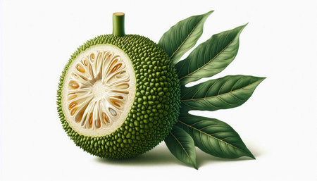 Jackfruit isolated on white background. Exotic fruit with green leaves.