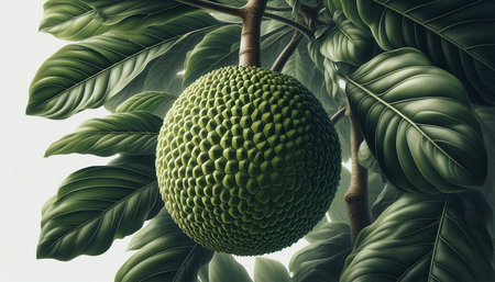 Green jackfruit on the tree, 3d rendering. Computer digital drawing.