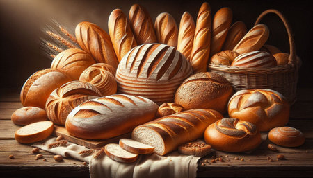 Different kinds of bread on wooden table. Bakery products background.