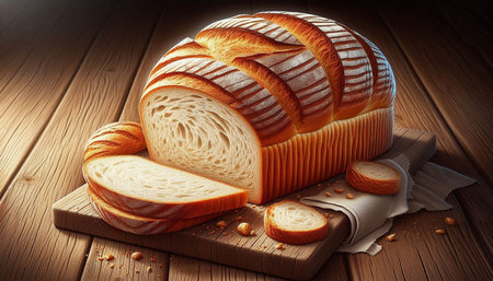 loaf of bread on a wooden background. 3d illustration.