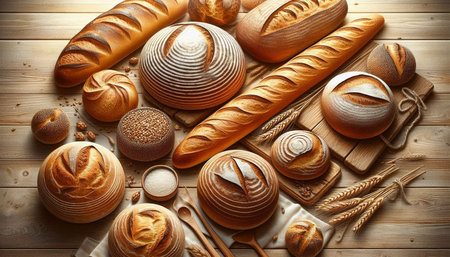 Assortment of baked bread on wooden table. Top view with copy space