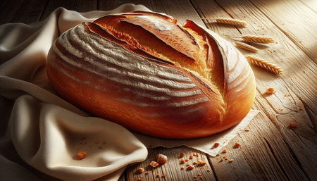 Freshly baked loaf of bread on a wooden background. Rustic style.
