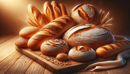 Composition with bread and wheat on wooden table. 3d render