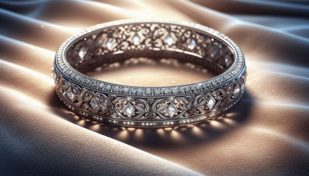 Wedding ring with diamonds on a satin background. Jewelry background
