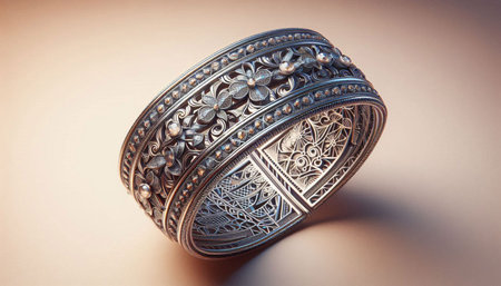 Vintage metal ring with ornament on beige background, closeup