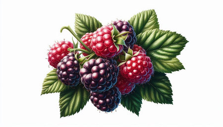 Raspberries with leaves isolated on white background. 3d illustration
