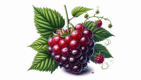 Blackberry and raspberry with leaves on white background. Vector illustration.
