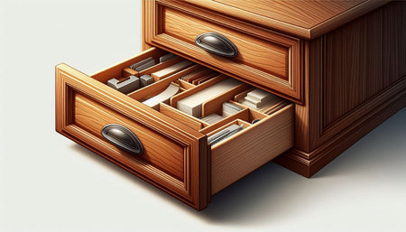 Illustration of an open drawer with a cupboard on a white backgroundの写真素材