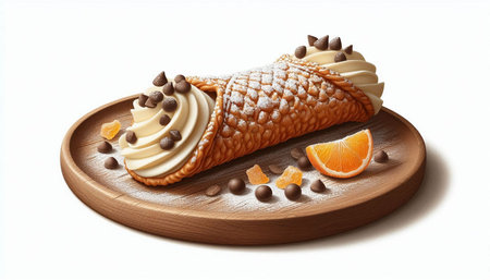 Creamy roll with cream and chocolate on a white background.