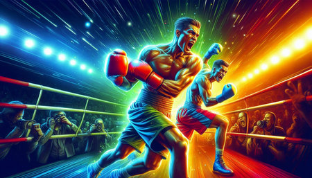 Boxers fighting in the ring in the spotlight. 3D illustration.の写真素材