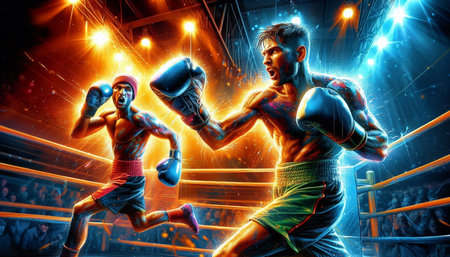 Boxing match concept with two male boxers fighting in ring. Mixed media