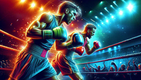 Boxing match in arena with lights and smoke effect. Mixed media
